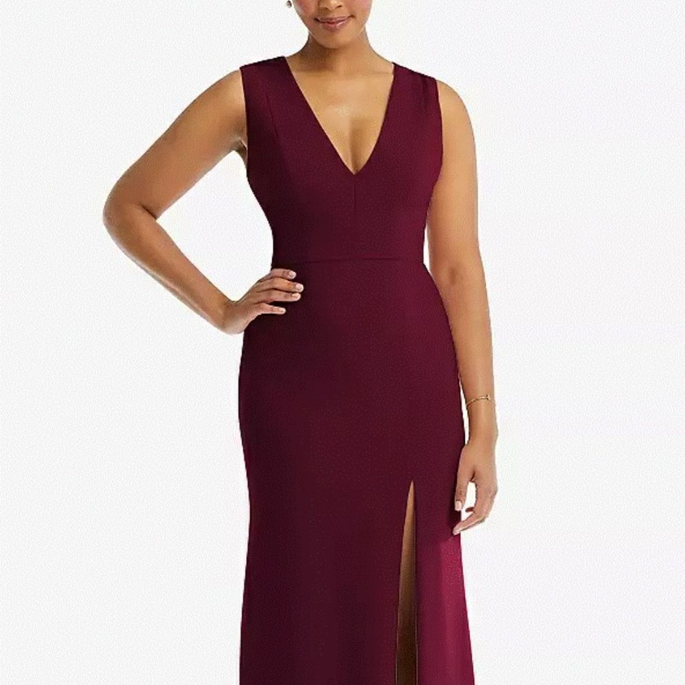 V-Neck Closed Back Crepe Trumpet Gown with Front Slit..TH111...Cabernet..Size 8